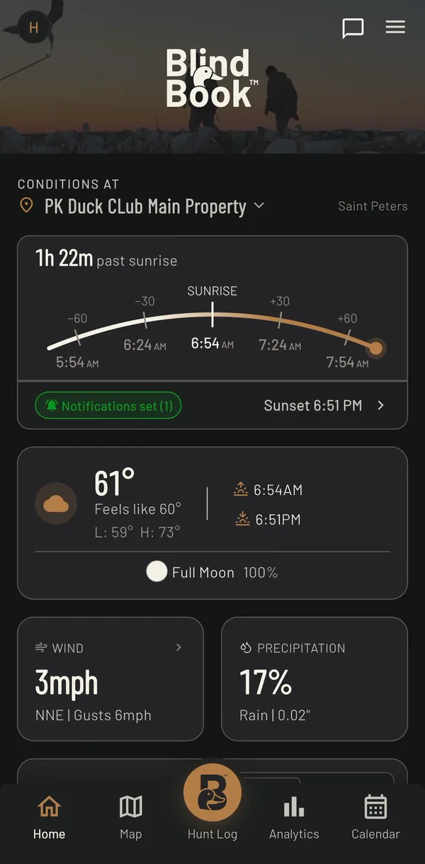 The BlindBook app home screen for a real club: time since sunrise, weather, wind and rain at its property