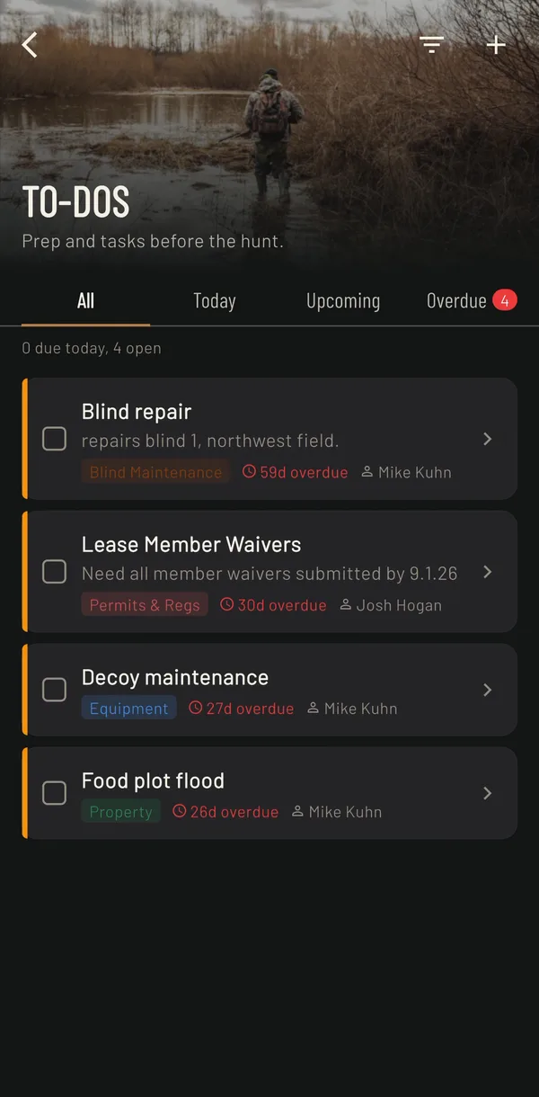 The BlindBook To-Dos screen for a real club: blind repair, member waivers, decoy maintenance and a food plot task