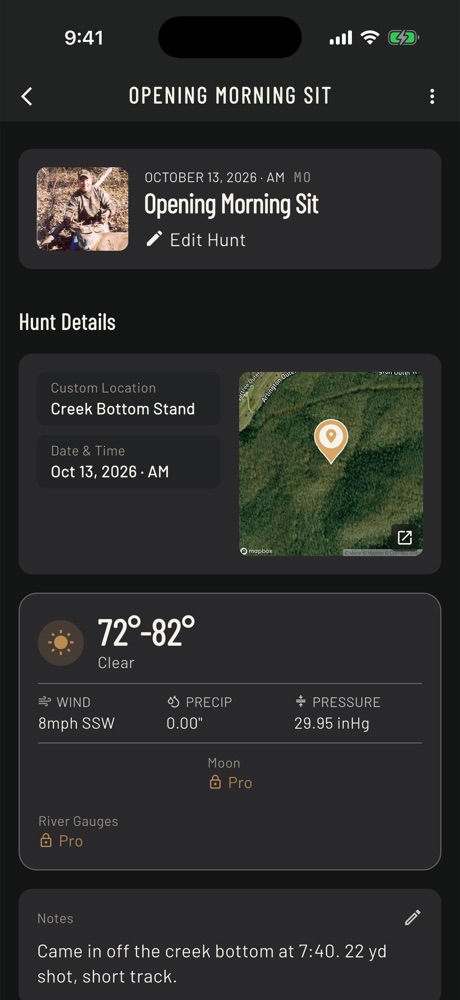 Saved deer hunt called Opening Morning Sit with a hunter photo, a satellite map of Creek Bottom Stand, the day's weather and notes