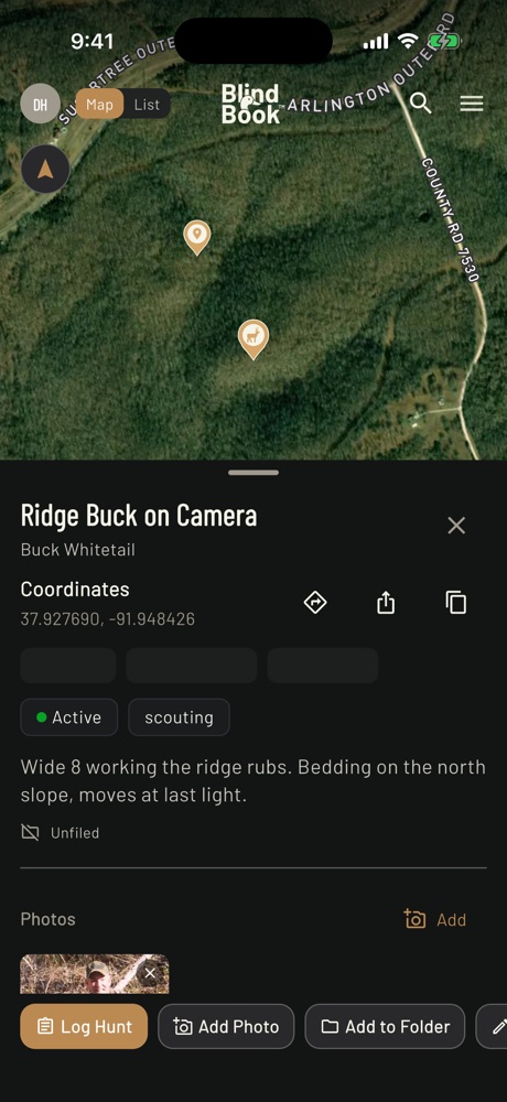 Deer map pin named Ridge Buck on Camera, pin type Buck Whitetail, with a note about a wide 8 working the ridge rubs