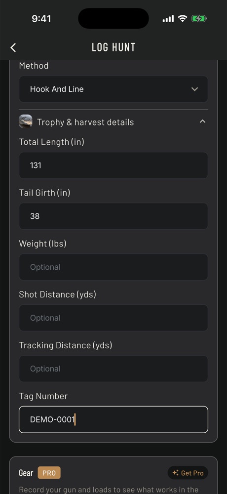 Log Hunt trophy details for an alligator: hook and line, total length 131 inches, tail girth 38 inches, tag number field