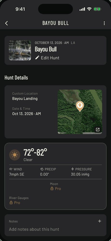 Saved gator hunt called Bayou Bull at Bayou Landing with a gator photo, a satellite map and the day's weather