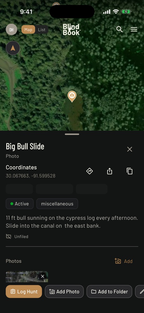 Gator scouting pin named Big Bull Slide with a note about an 11 foot bull sunning on a cypress log and sliding into the canal