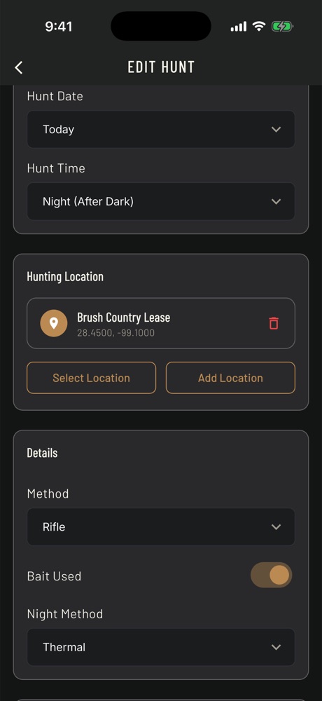 Edit Hunt screen for a night hog hunt at Brush Country Lease: method rifle, bait used, night method thermal