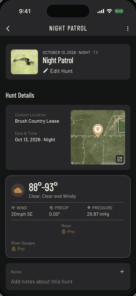 Saved night hog hunt called Night Patrol at Brush Country Lease with a hog photo, a satellite map and the night's weather