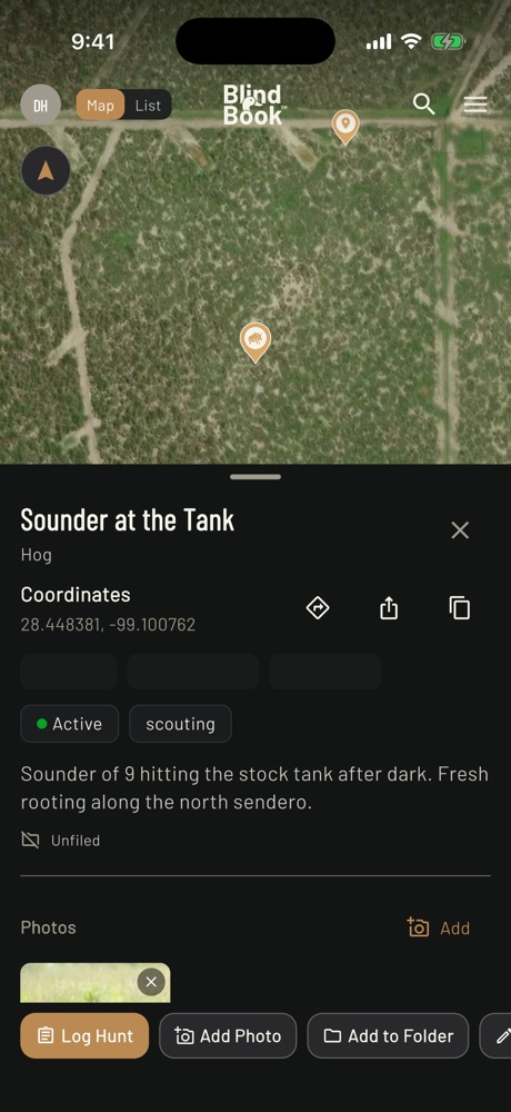 Hog map pin named Sounder at the Tank with a note about a sounder hitting the stock tank after dark