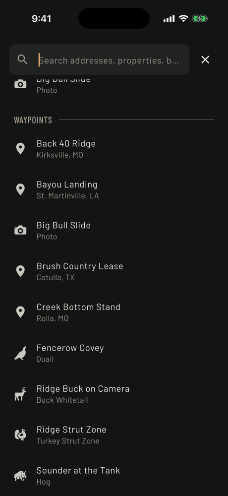 List of saved waypoints including Ridge Buck on Camera, Ridge Strut Zone, Fencerow Covey and Sounder at the Tank