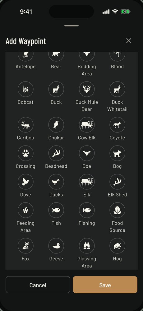 Add Waypoint screen with a grid of pin types including Bear, Bedding Area, Buck Whitetail, Buck Mule Deer, Chukar, Doe and Crossing