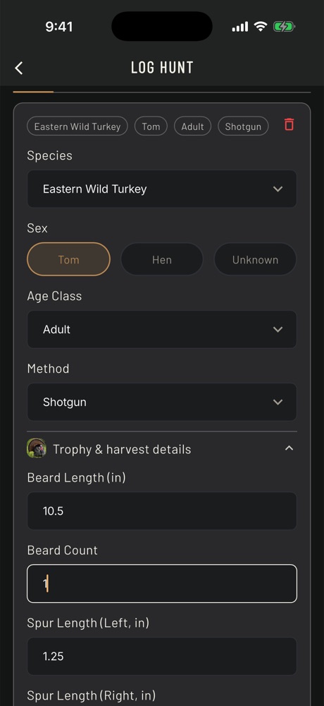 Log Hunt screen for an Eastern Wild Turkey tom: adult, shotgun, beard length 10.5 inches, spur length 1.25 inches