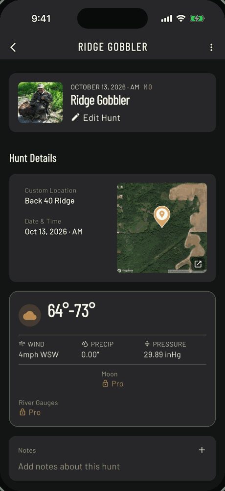 Saved turkey hunt called Ridge Gobbler with a hunter photo, a satellite map of Back 40 Ridge and the day's weather
