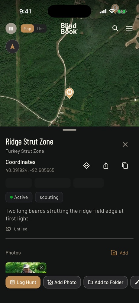Turkey map pin named Ridge Strut Zone, pin type Turkey Strut Zone, with a note about two long beards strutting the field edge at first light