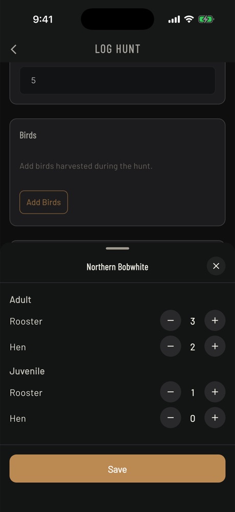 Upland bird count for Northern Bobwhite quail, split into adult and juvenile roosters and hens