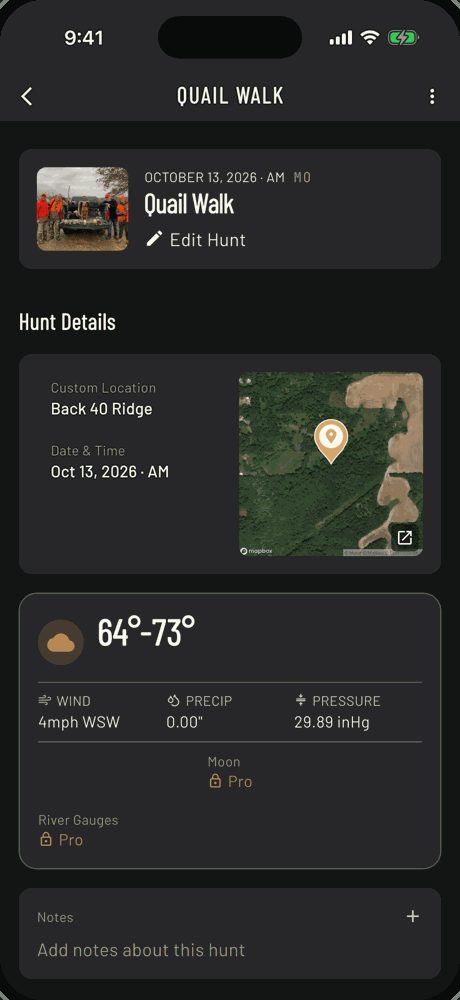 Saved upland hunt called Quail Walk with a hunt photo, a satellite map of Back 40 Ridge and the day's weather