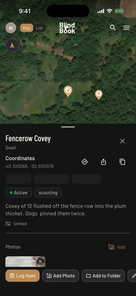 Quail map pin named Fencerow Covey with a note about a covey flushing off the fence row into a plum thicket