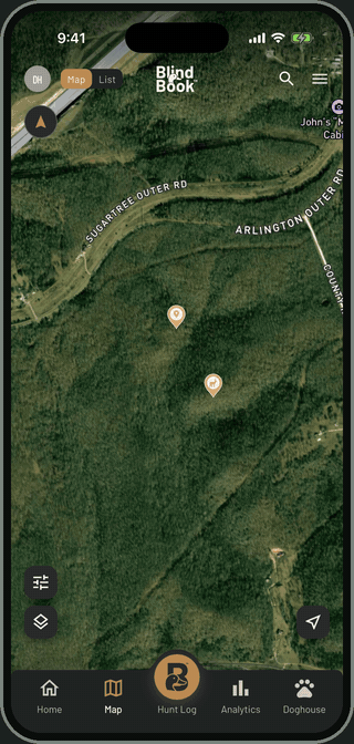 Dropping a deer scouting pin with notes and a photo in BlindBook