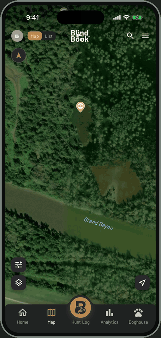 Dropping a gator scouting pin with notes and a photo in BlindBook