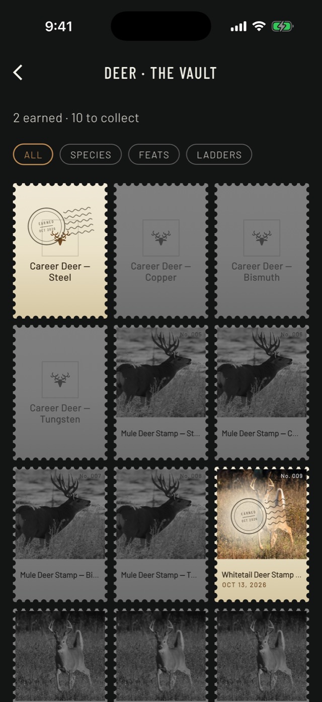 Deer Vault in the BlindBook Trophy Room with Career Deer Steel and a Whitetail Deer stamp earned, and the Copper, Bismuth, Tungsten and mule deer stamps still to collect