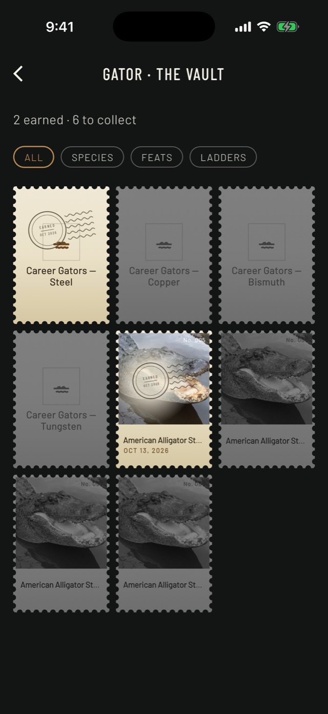 Gator Vault in the BlindBook Trophy Room with Career Gators Steel and an American Alligator stamp earned, and the Copper, Bismuth and Tungsten stamps still to collect