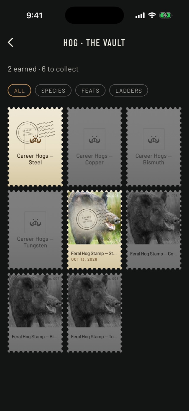 Hog Vault in the BlindBook Trophy Room with Career Hogs Steel and a Feral Hog stamp earned, and the Copper, Bismuth and Tungsten stamps still to collect