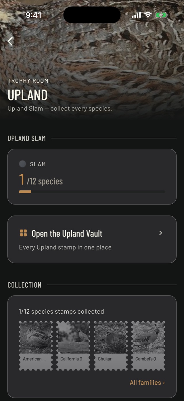 Upland chapter of the BlindBook Trophy Room showing Upland Slam progress at 1 of 12 species, with woodcock and quail stamps to collect